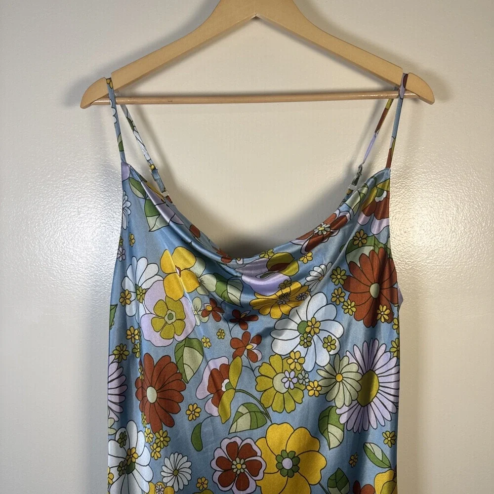 Emma and Michelle Floral Blue Slip Midi Dress Sexy Y2K Phoebe Friends Sz L Retro - Picture 2 of 9